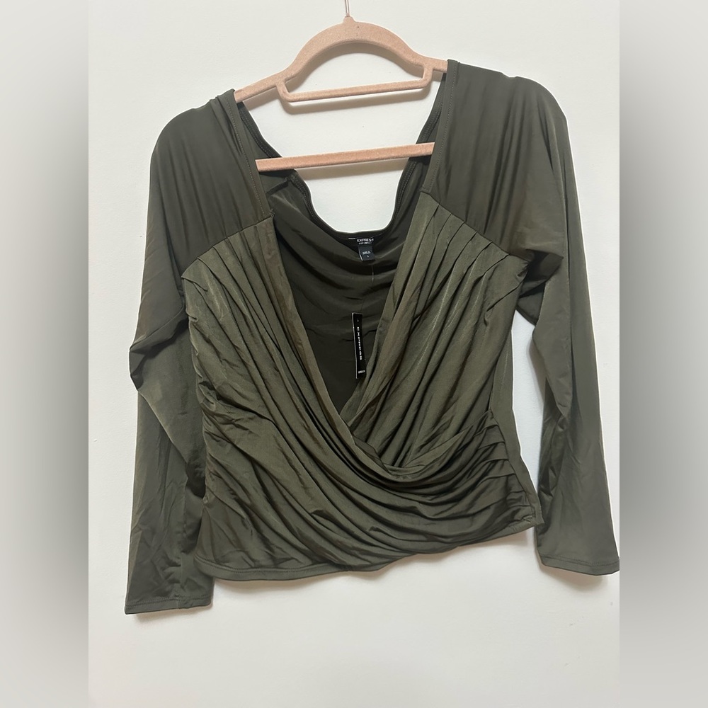 EXPRESS Body Contour Draped Cowl Neck Long Sleeve Top – Olive, Size L